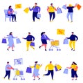 Set of flat people shopping bags and carts characters. Bundle cartoon people shoppers go shopping and shop isolated Royalty Free Stock Photo