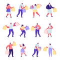 Set of flat people shopping at mall or supermarket characters. Bundle cartoon people joyful shoppers