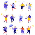 Set of flat people various weather characters. Bundle cartoon people walking in the rain, in snow, in a big wind