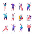 Set of flat people who are looking for something characters. Bundle cartoon people in various poses