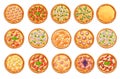 set of flat pizza icons isolated on white Pizza top view set. Web site page and mobile app design element.