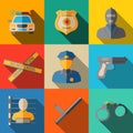 Set of flat police icons - gun, car, crime scene