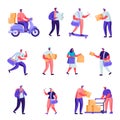 Set of Flat Postal Delivery Service Characters. Cartoon People Deliver Parcels, Postcards, Mail Around the World By Land Royalty Free Stock Photo