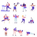 Set of Flat Professional Sport Activities Characters. Cartoon Male and Female Sportsmen, High Jump, Vaulting Horse Royalty Free Stock Photo