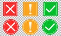 Set of flat round check mark, exclamation point, X mark icons, buttons on a isolated background.Green red yellow vector Royalty Free Stock Photo