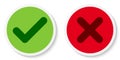 Set of flat round check and x mark icons, buttons, stickers. Tick and cross symbols isolated on a white background.