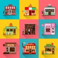 Set of flat shop building facades icons with shadow