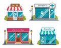 Set of flat shop building facades icons. Vector illustration for local market store house design. Shop facade building