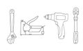 Set of 4 flat and simple icons of tools drawing with black lines on white background. Vector connecting tools. Element Royalty Free Stock Photo