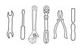 Set of 6 flat and simple icons of tools drawing with black lines on white background. Vector wrench tools. Element for Royalty Free Stock Photo