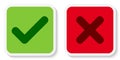 Set of flat square check and x mark icons, buttons, stickers. Tick and cross symbols isolated on a white background.