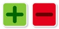 Set of flat square plus and minus sign icons, buttons, stickers. Positive and negative symbols isolated on a white background.