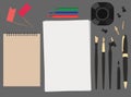 Set of flat stationery top view. Pen, pencils, ink, paper and notebook. Vector elements