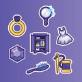 Set flat stickers golden ring, diamond, mirror, dress, wardrobe, hairbrush and thread with a needle. Female accessories Royalty Free Stock Photo