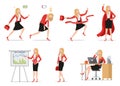 Set of flat style icons businesswoman in different situations, green and red battery signs, busy female talking on phone