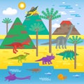 Set flat style icons of different dinosaurs and landscape.