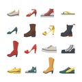 Set of flat-style shoes colored . Men and women sneakers, shoes and boots