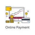 Set of flat thin line icons. E-commerce or payment online illustration. Monitor with graph, coins, wallet and credit