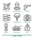 Set of thin line icons for military war and army