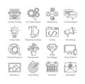 A set of flat thin line icons on white background for successful blogging business. It includes: newsletter, social, seo, content
