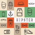Set of flat thinline icons of hipster silhouette