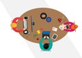 Set of flat top view vector design people with different office characters, styles and professions. creative teamwork process