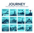 Set of flat travel banners with different countries of world. Travel and tourism. Journey.