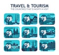 Set of flat travel icons with different countries.