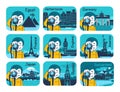 Set of flat travel icons with different countries.