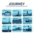 Set of flat travel icons with different countries.