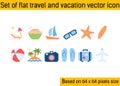 Set of flat travel and vacation vector icons. Palm tree, ship, beach ball, starfish and more. Based 64x64 pixels size. EPS file Royalty Free Stock Photo