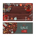 Set of flat vector banners Big Christmas sale. Cartoon Christmas template with festive decorations and food. New Year s Royalty Free Stock Photo