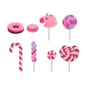 Set of flat vector candies. Candy cane, donut, macaron, caramel colored on white background.