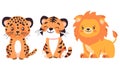 Set of flat vector children's illustration. Wild cats of safari and Africa, tiger, lion and leopard. Animals on Royalty Free Stock Photo