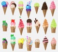 Set of flat vector ice cream cone with sweets. Collection ice cream cones with blueberry, caramel, lemon sundae. Royalty Free Stock Photo