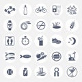 Set of flat vector icons with tips for losing weight. Sport, diet and healthy lifestyle. Gym, workout, exercises, training