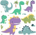 Set of flat vector illustrations in children's style. Cute kind dinosaurs, palm trees and cacti.