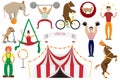 A set of flat vector illustrations of circus artists.