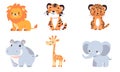 Set of flat vector illustrations. Cute animals of Africa and safari on white background, lion, cheetah, tiger, elephant