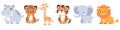 Set of flat vector illustrations. Cute animals of Africa and safari on white background, lion, cheetah, tiger, elephant