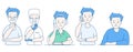 Set of flat vector people with closed eyes. Men in different clothes, in different poses and gestures. A doctor in a