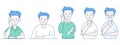 Set of flat vector people with closed eyes. Men in different clothes, in different poses and gestures. A teenager in a