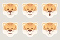 Set of flat vector stickers of tiger. Tiger's head with different emotions. Symbol of New Year 2022.