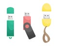 Set of 3 flat vector USB flash drive. Data storage device, computer accessories. Personal data Royalty Free Stock Photo