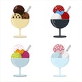 Set of flat vector vases with ice cream balls. Multi-colored Gelato balls with different tastes in a glass on a leg in a