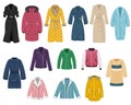 Set of flat vector women`s outerwear. Trench coat, raincoat, overcoat, quilted coat, bomber, fur coat, sheepskin coat, leather