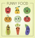 A set of flat vegetables and fruits with cartoon faces. Funny characters from food. Different emotions laughter Royalty Free Stock Photo