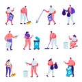 Set of Flat Volunteers Collect Litter Characters. Cartoon People Raking, Sweeping, Put Trash into Bags with Recycle Royalty Free Stock Photo