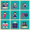 Set of flat web icons with long shadow Valentine's Day