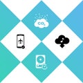 Set Flight mode in the mobile, Hard disk drive with clockwise, CO2 emissions cloud and Cloud download music icon. Vector Royalty Free Stock Photo